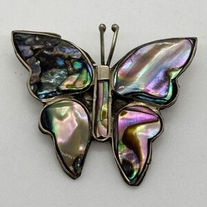 Alpaca Mexico Vintage Abalone Butterfly Brooch Silver-Tone Metal, Marked, Lovely